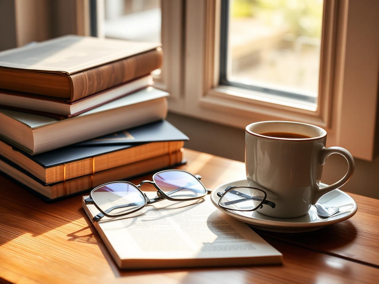 Warm coffee, books and reading glasses by a sunlit window