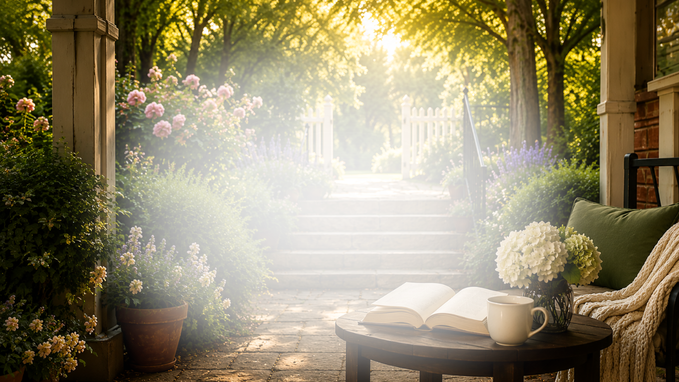 Sunlit garden pathway with stone steps leading toward a welcoming next chapter