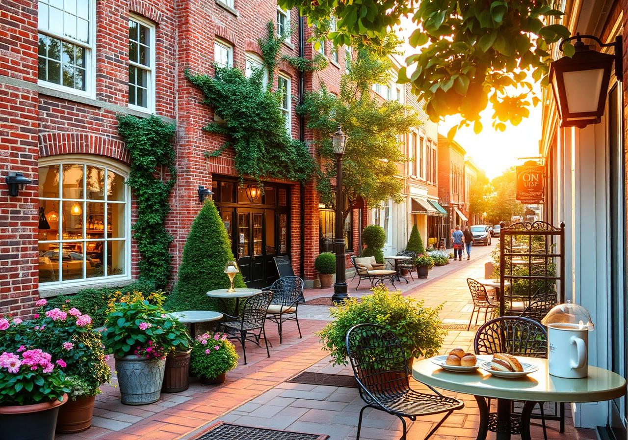 Charming downtown Lancaster Pennsylvania at golden hour with outdoor cafe seating, brick architecture, and gardens
